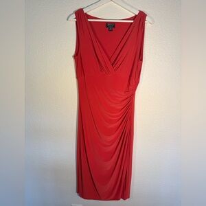 American Living Coral Sleeveless V-Neck Fitted Ruched Dress